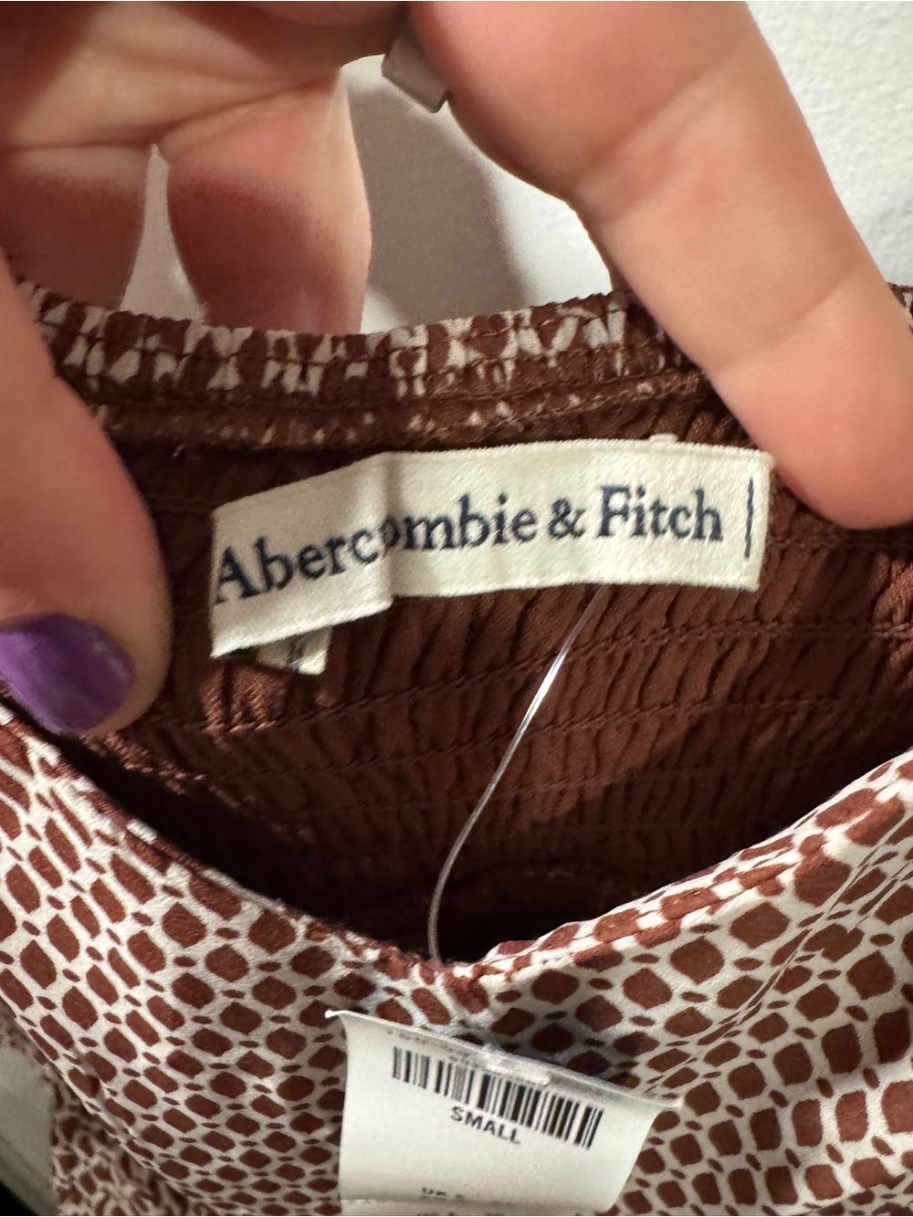 Abercrombie & Fitch Brown/White Printed Long Sleeve Smocked Mini Dress - Picture 5 of 6